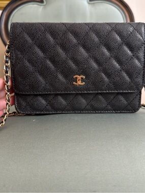 CHANEL Black Quilted Caviar Wallet-on-Chain with Gold Hardware